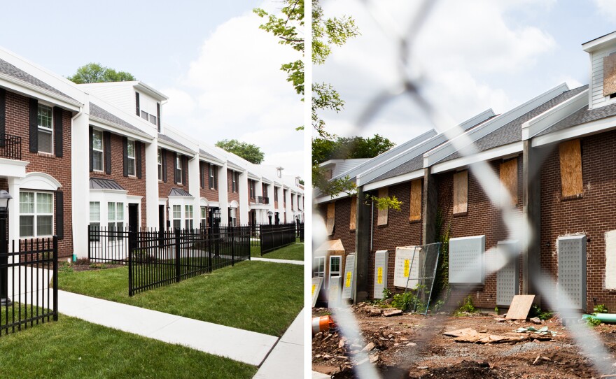 At left are the newly renovated Chadwick Avenue town-home apartments in Newark, where Bertha Martin moved in this year. At right, the second half of the Chadwick Avenue Village apartments stand boarded up and vacant across the street.