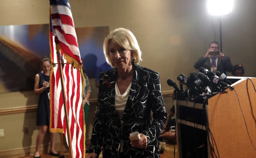 Secretary of Education Betsy DeVos visited Marjory Stoneman Douglas High School in Parkland, Fla., and met with staff and survivors of the February shooting.