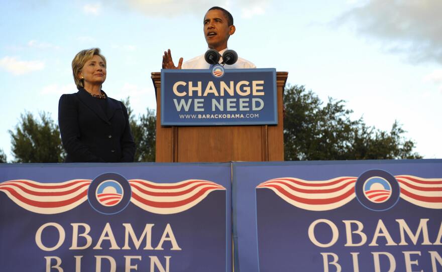 Obama and Clinton, both U.S. senators at the time, address supporters during a rally in Orlando, Fla., on Oct. 20, 2008.