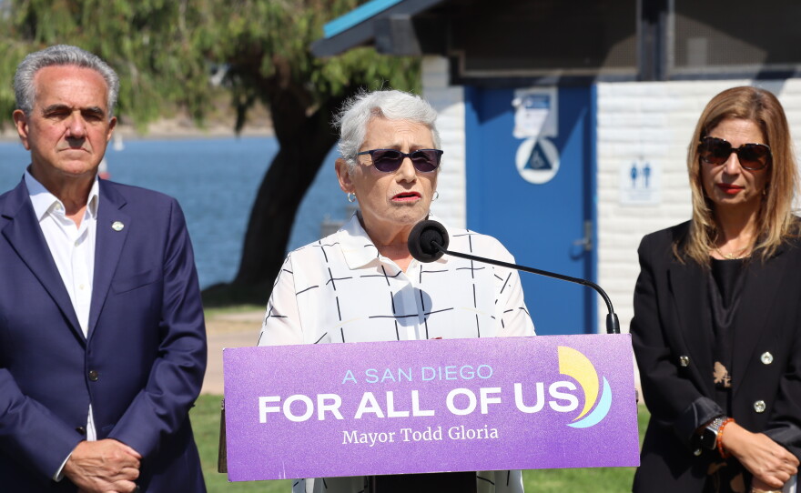 Councilmember Jennifer Campbell, District 2, speaks during a media event announcing the reopening of bathrooms in Mission Bay Park on Aug. 12, 2026.