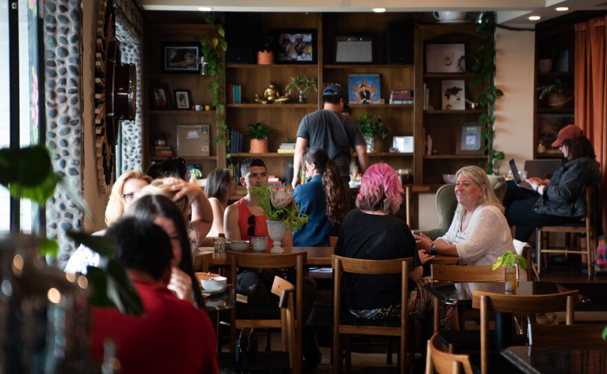 Customers fill up Jitters Coffee Pub in Oceanside, June 2, 2025.