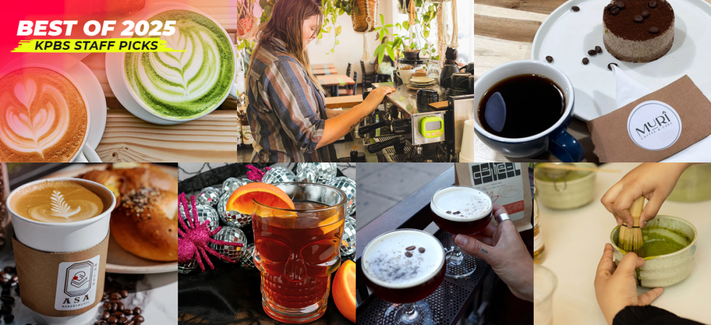 Some of the coffee and tea places that stood out to KPBS Staff in 2025 are shown. Top row, from left: Forum Coffee, Ultreya Coffee & Tea and Muri Coffee & Dessert. Bottom row, from left: ASA Bakery, Tea Bazaar, Genteel Coffee Roasters and Café Alessie.