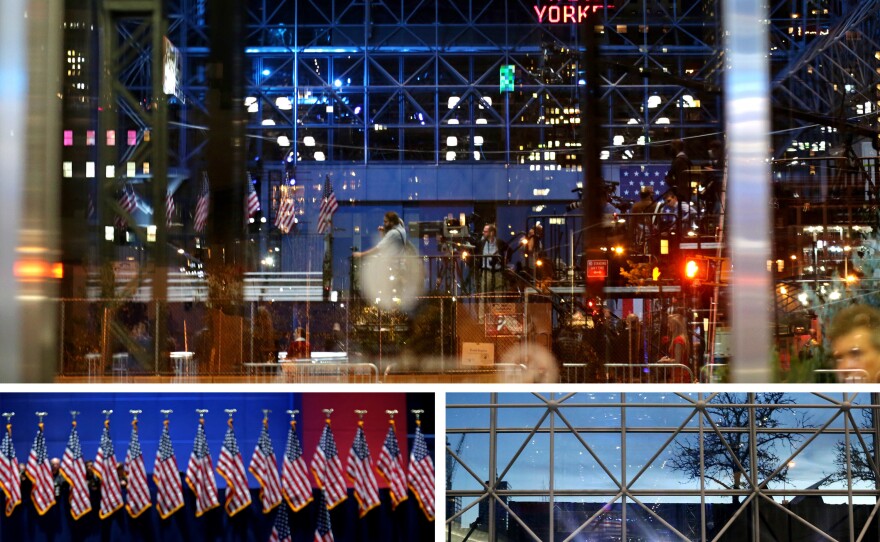(Above) Looking out from the Javits Center in Manhattan, New York City, at the start of Hillary Clinton's election night event. (Bottom left) The crowd reacts as they watch results roll in, and members of the media cover the race (bottom right) as attendees file in.