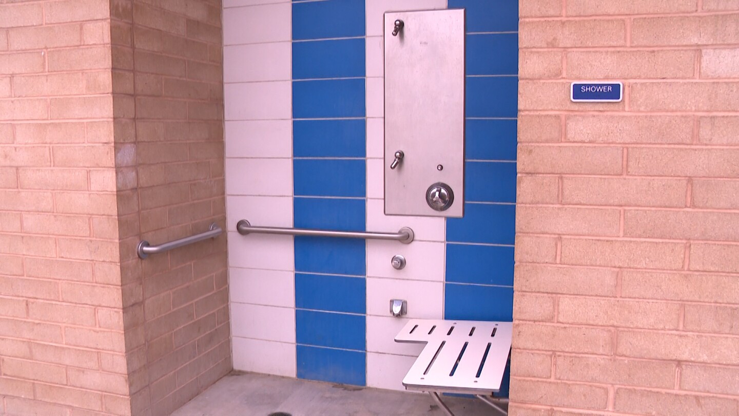The shower at Tecolote Shores is shown on August 14, 2025.