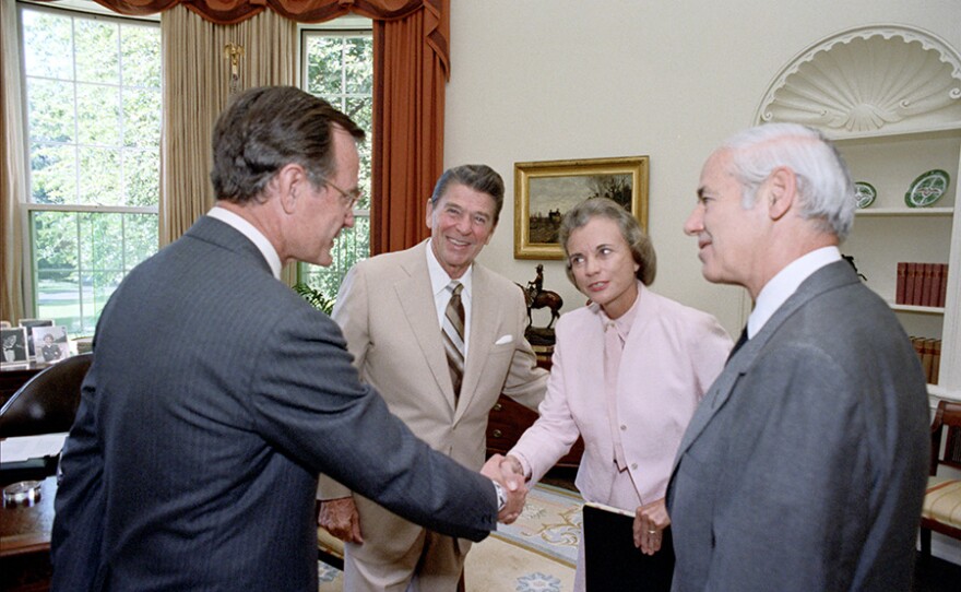 Sandra Day O'Connor with President Reagan in the Oval Office, 1981.