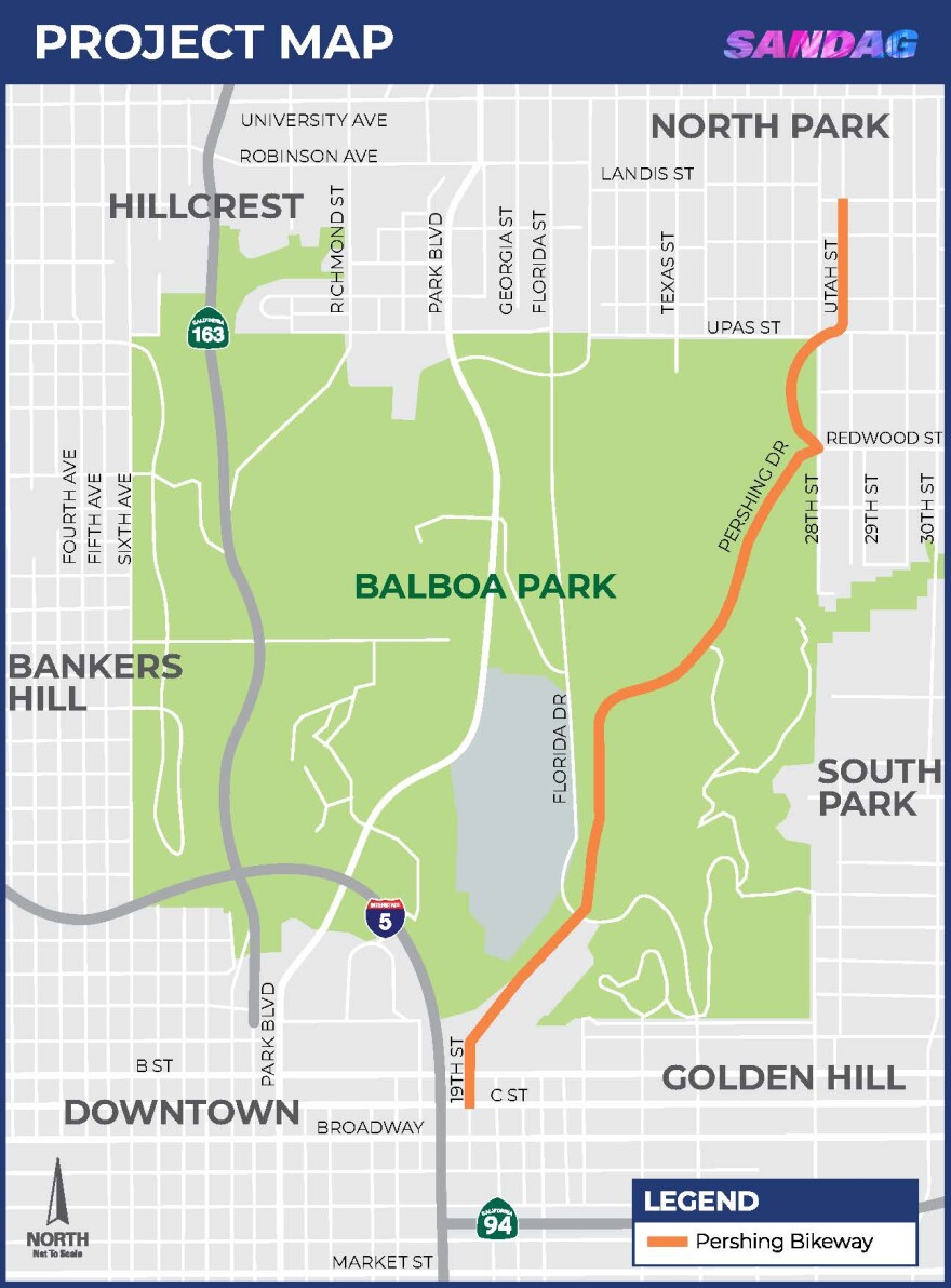 A map of the Pershing Bikeway project, which will cut through Balboa Park, in San Diego. Undated graphic.