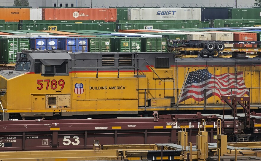 The Union Pacific LATC Intermodal Terminal is seen on Tuesday, April 25, 2023, in Los Angeles. California's Air Resources Board is set to vote on a rule to cut greenhouse gas and smog-forming emissions from diesel-powered locomotives used to pull rail cars through ports and railyards. (AP Photo/Damian Dovarganes)