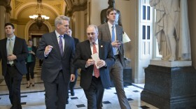 House Majority Leader Kevin McCarthy of Calif., left, and House Majority Whip Steve Scalise of La., stride from the House chamber on Capitol Hill in Washington, Nov. 18, 2015.