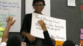Harvey teaches 33 squirming, fidgeting first-graders at Oakcrest Elementary School in Landover, Md.
