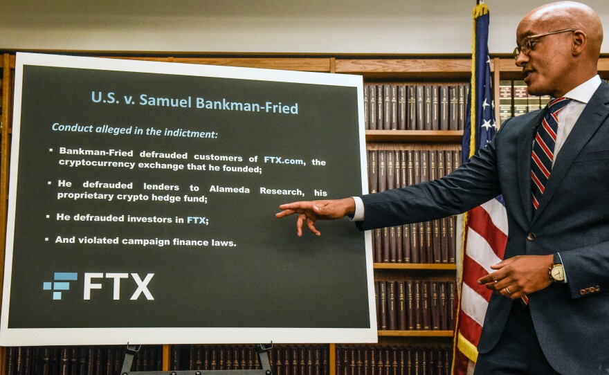 Damian Williams, U.S. attorney for the Southern District of New York, announces the indictment of Samuel Bankman-Fried in New York City on Dec. 13, 2022. SBF has been accused of orchestrating one of the largest financial frauds in history.