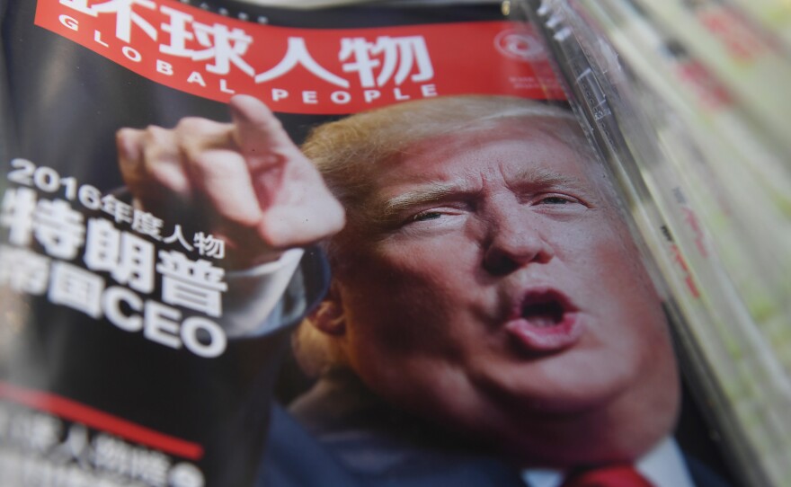 A Chinese magazine naming President-elect Donald Trump as Person of the Year is seen at a Beijing newsstand in December. On the campaign trail, Trump repeatedly vowed to get tough on China.