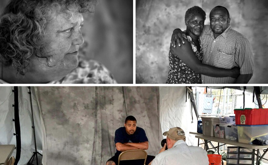 U.S. military veterans Marcus Bennett (from top, left to right), Henry Addington, Melinda Baca and Fred E. Parks Jr. and his wife, Jessica. (Bottom) David Gilkey photographs Marcus Bennett at a pop-up studio. From the story "What Do Homeless Vets Look Like," 2014.
