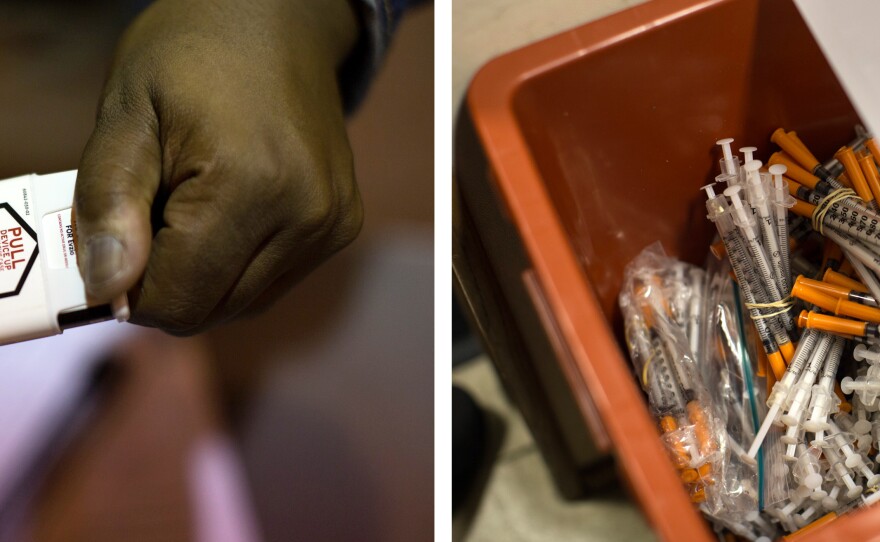 (Left) A Baltimore City health worker demonstrates how to use a naloxone auto-injector. (Right) Inside the needle exchange van, bundles of used needles are held in a container for disposal.