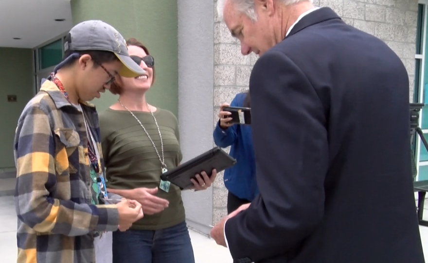 A Del Norte High School student introduces himself to State Superintendent of Public Instruction Tom Torlakson, June 1, 2017.