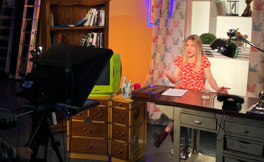 Journalist Masha Borzunova during a taping of the show Fake News in TV Rain's Moscow studios.