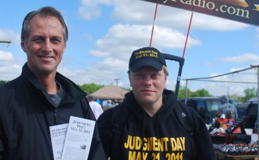 Brian Haubert (right) and Kevin Brown hand out Judgment Day pamphlets in Palmyra, N.J.