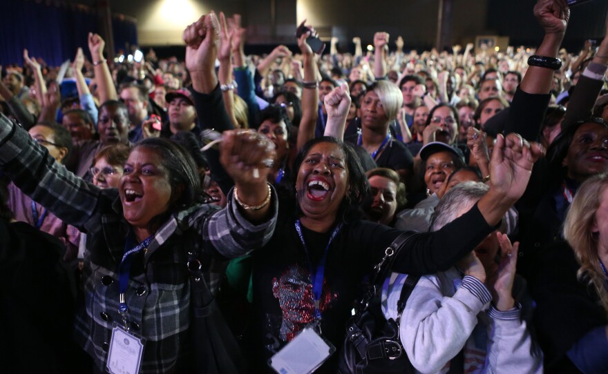 Supporters of U.S. President Barack Obama cheer during the Obama Election Night watch party at McCormick Place November 6, 2012 in Chicago, Illinois.