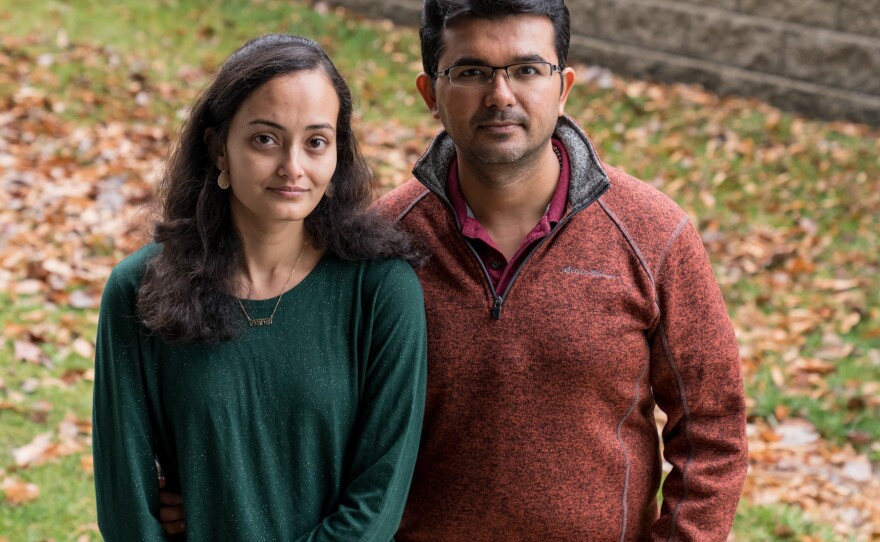 Mansi Bhatt and her husband, Dhaval Bhatt, outside their home in St. Peters, Missouri. When their son was seen in an emergency room in April, he was covered by an insurance plan that was provided by Dhaval Bhatt's employer and had a $3,000 deductible.