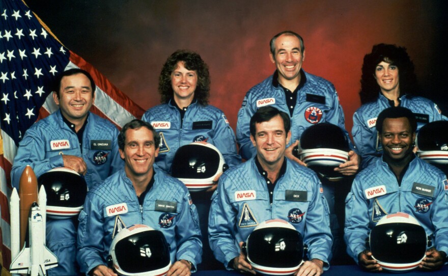 The crew of the space shuttle Challenger. Front row from left are Michael Smith, Dick Scobee and Ronald McNair. Back row from left are Ellison Onizuka, Christa McAuliffe, Gregory Jarvis and Judith Resnik.