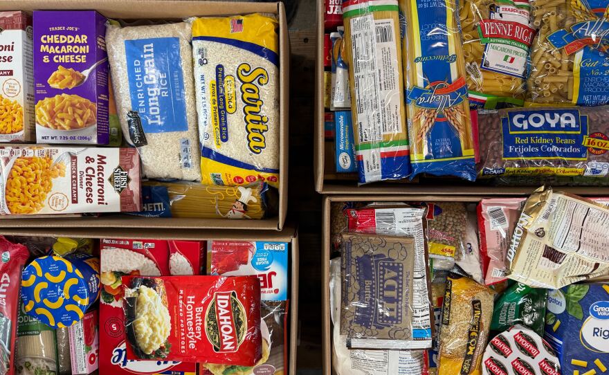 Boxes full of donated food sit inside the food center at San Diego Food Bank's Miramar headquarters on July 15, 2025.
