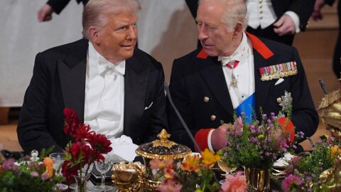 Britain's King Charles, right, and U.S. President Donald Trump speak at a State Banquet in Windsor Castle, England, on day one of U.S. President Donald Trump and First Lady Melania Trump's second state visit to the UK,  Sept. 17, 2025.