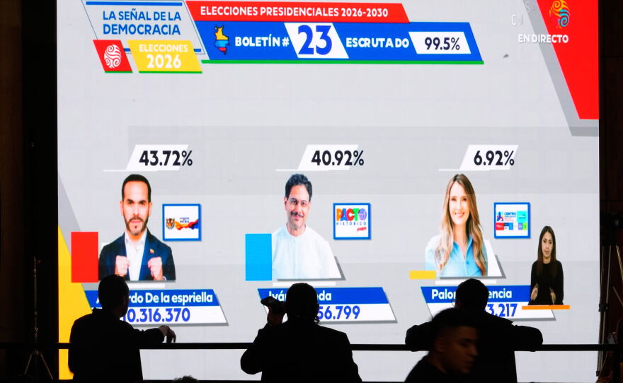 Election results showing presidential candidates Abelardo de la Espriella of the Defenders of the Motherland movement and Ivan Cepeda of the ruling Historic Pact coalition advancing to a runoff election are projected at Cepeda's campaign headquarters in Bogota, Colombia, Sunday, May 31, 2026.