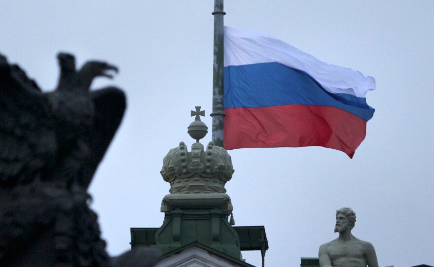 A Russian national flag flies at half staff at Dvortsovaya Square in St.Petersburg, Russia, on Monday.