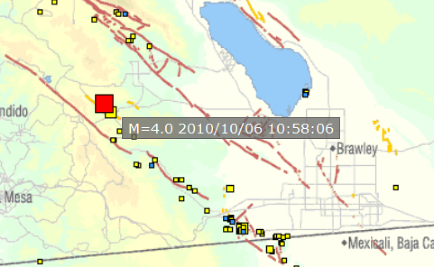 USGS map shows the location and size of an earthquake that struck near Julian on October 6, 2010.