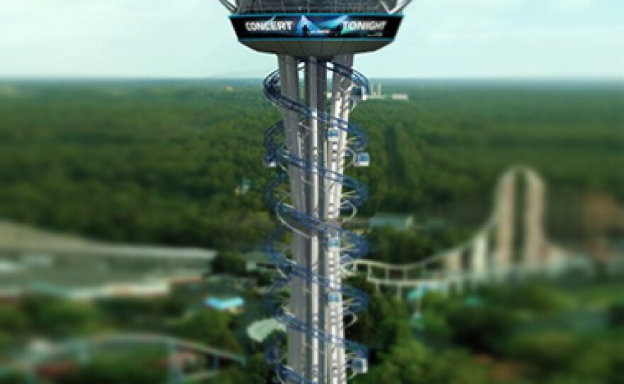 “SkySpire San Diego” would be a 250-foot-tall cylinder-shaped tower, topped with a restaurant that offers 360-degree views of San Diego Bay. Passengers would be lifted to the top in enclosed gondolas that spiral to and from the observation deck.
