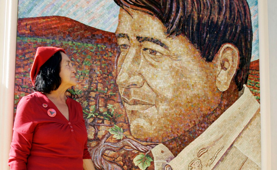 Dolores Huerta looks at a mural of the late Cesar Chavez during a dedication of the Cesar Chavez Monument on the San Jose State University campus in San Jose, Calif., Sept. 4, 2008.