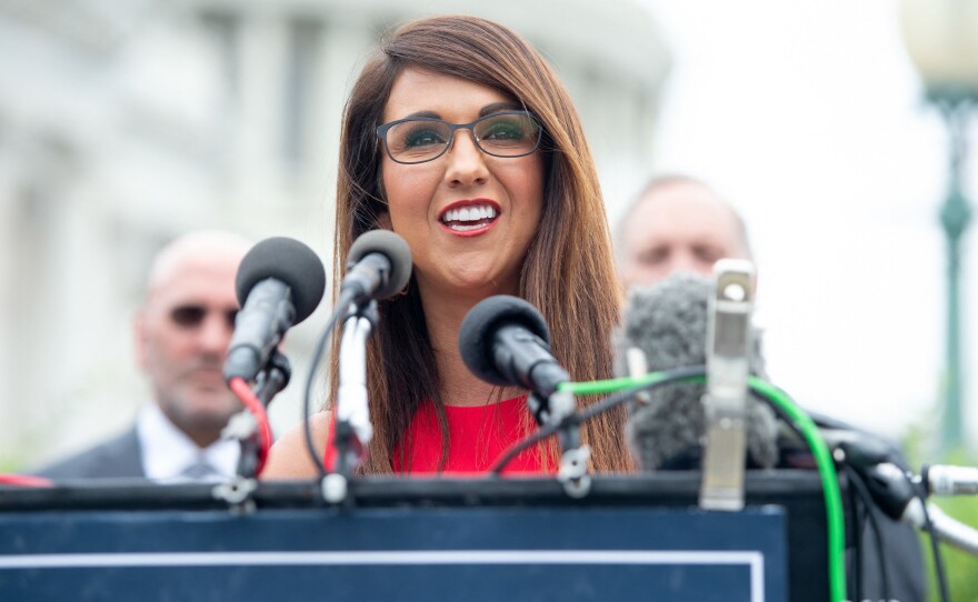 Rep. Lauren Boebert, R-Colo., speaks during a press conference outside of the Capitol in August.