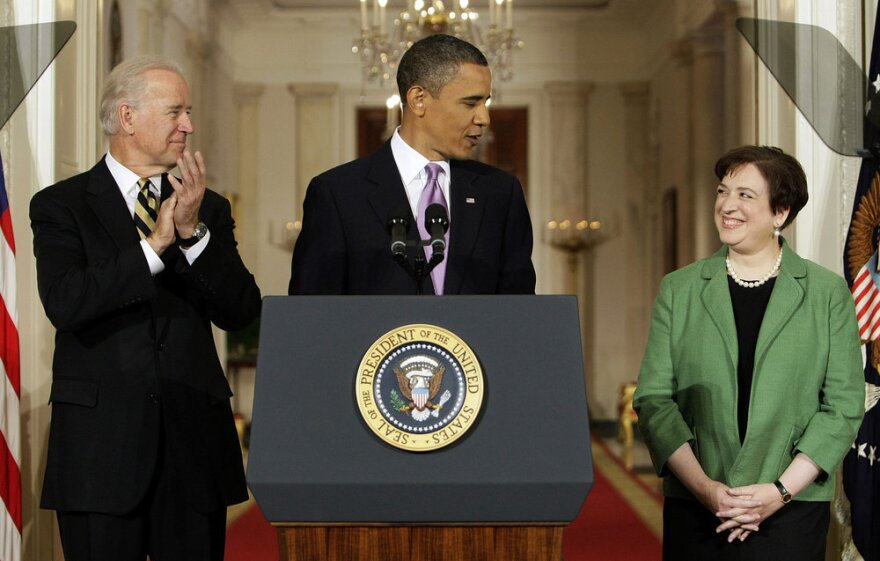 President Obama introduces U.S. Solicitor General Elena Kagan as his choice to replace retiring Supreme Court Justice John Paul Stevens in the East Room of the White House on Monday, as Vice President Biden applauds.