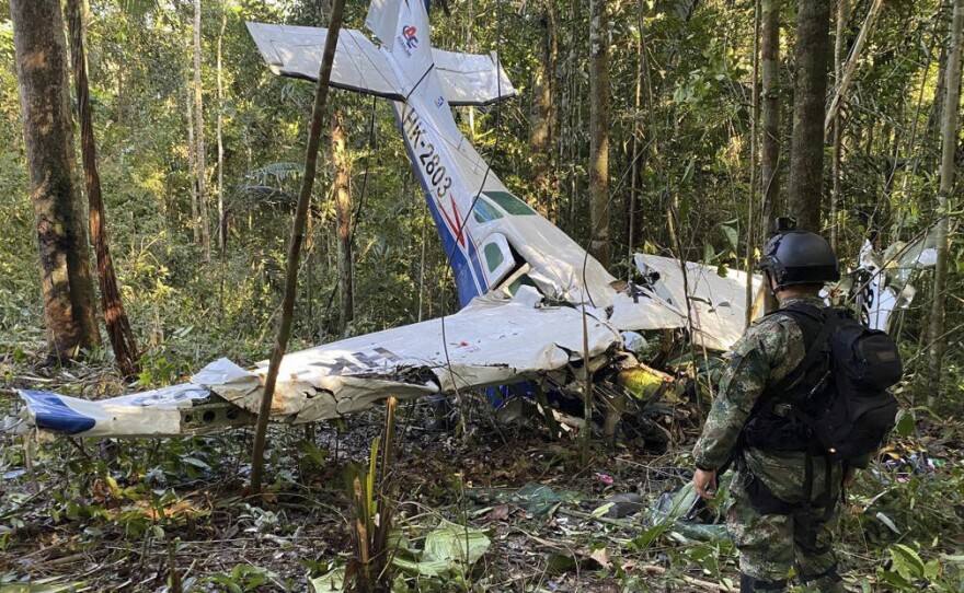 In this photo released by the Colombian military's press office, a soldier stands in front of the wreckage of a Cessna 206 on May 18. The bodies of three adults were recovered from inside the aircraft.