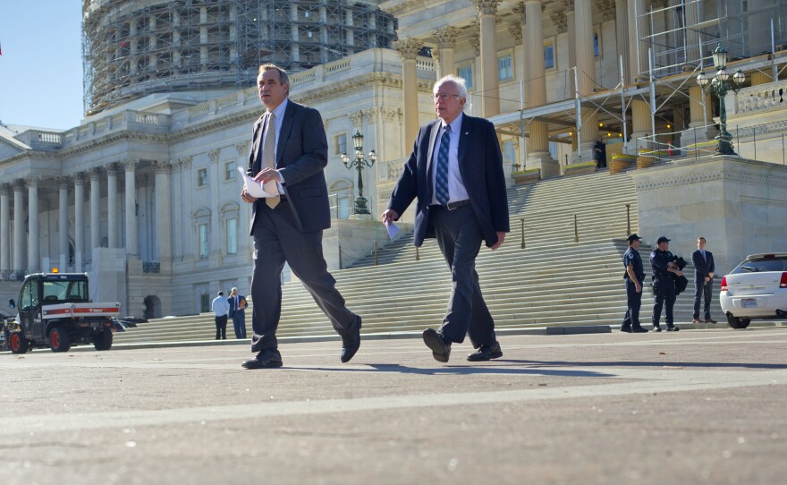 Democratic presidential candidate Sen. Bernie Sanders, I-Vt., (right) and Sen. Jeff Merkley, D-Ore., are shown on Capitol Hill in Washington, D.C., last November. Merkley has backed Sanders, which could help him in Oregon's May 17 primary.