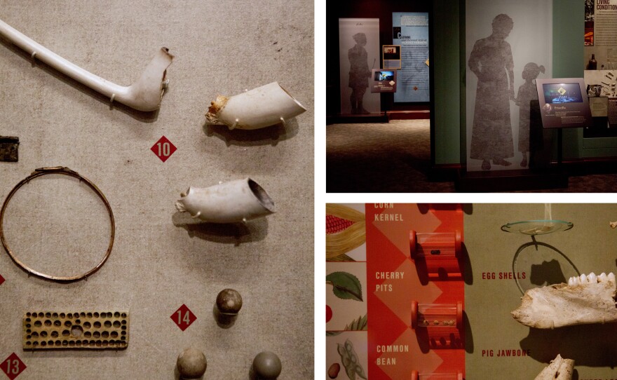 (Left) Many slaves' personal belongings are on display at the exhibit. (Top) The exhibit includes profiles of 19 slaves that lived and worked on Mount Vernon. (Bottom) Archaeologists at Mount Vernon found evidence of fruits, nuts and farm animals, which suggests the slaves at the estate maintained a more varied diet than the fish and cornmeal they were given.