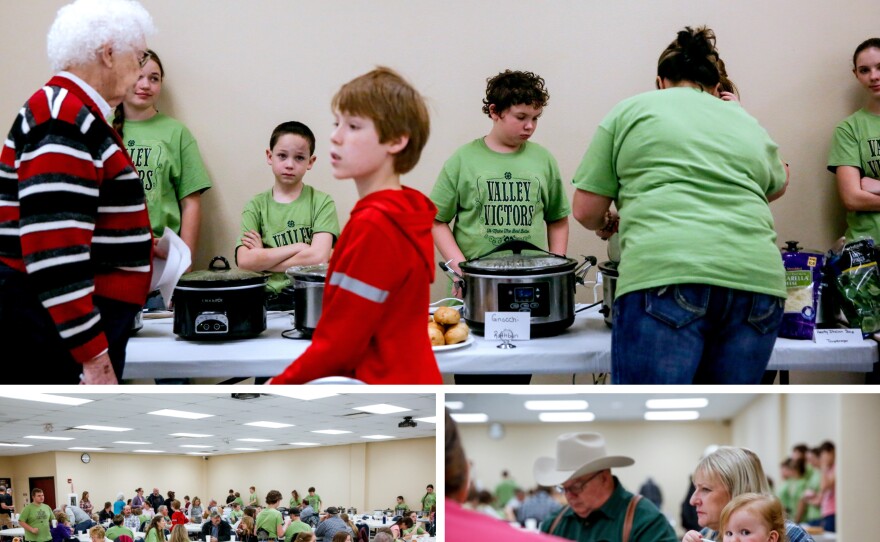 Scenes from the Valley Victors 4-H Club's annual soup supper, featuring 32 crockpots — filled with homemade soups. (Top) Club members serve the soup. (Bottom left) The room. (Bottom right) Journey, 18 months, tries the dessert.