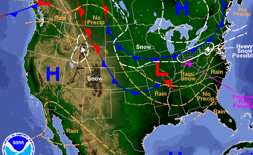 A forecast map issued by NOAA's Weather Prediction Center shows the possibility of heavy snow for parts of the northeast beginning Sunday.