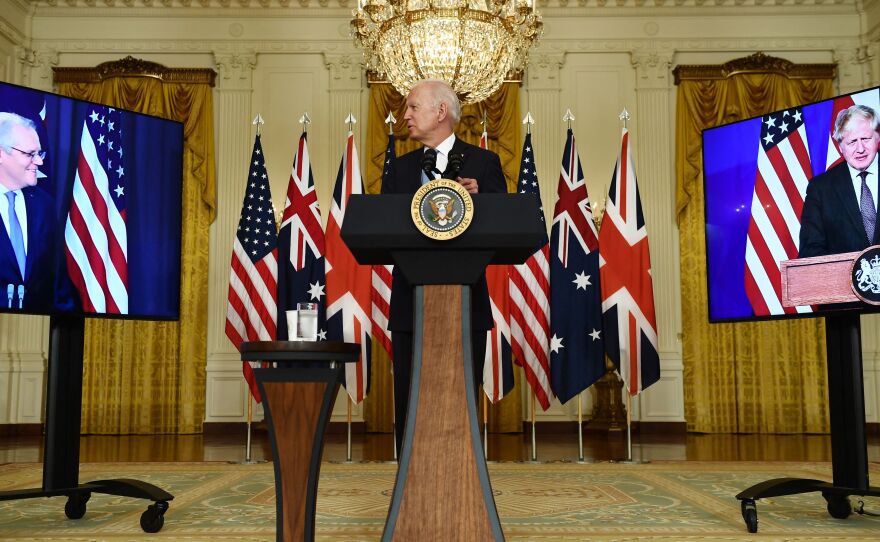 President Biden speaks to Australian Prime Minister Scott Morrison during the virtual announcement of a trilateral defense partnership with the United Kingdom.