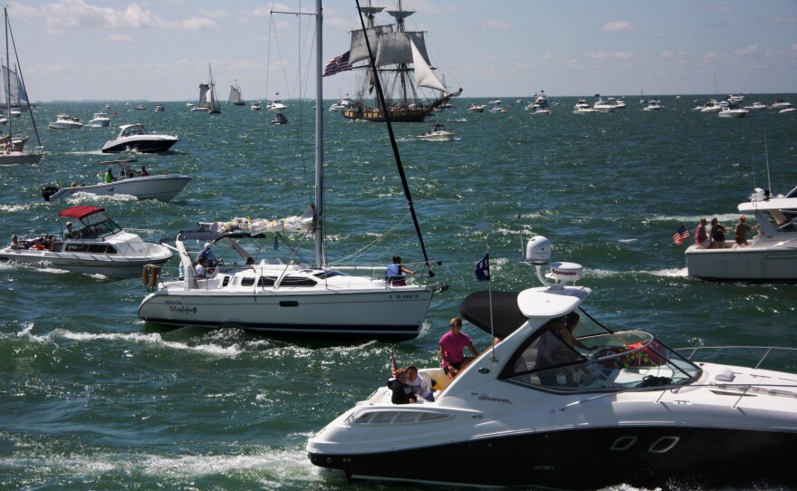 Around 2,000 pleasure craft surrounded the tall ships at the re-enactment of the Battle of Lake Erie on Labor Day weekend. The U.S. Brig Niagara can be seen in the far back.