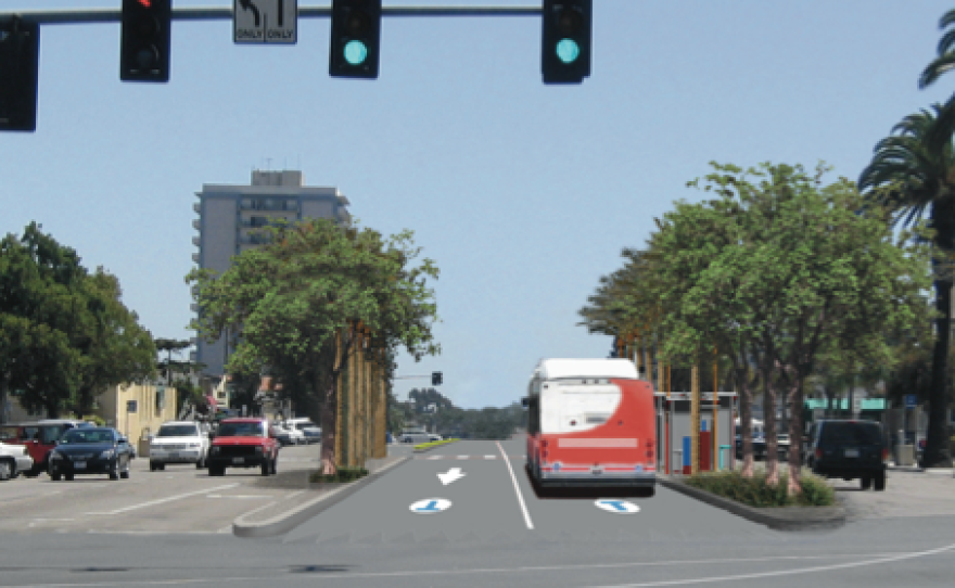 The mid-city rapid bus line will utilize special bus lanes in the median along Park Boulevard to help speed up travel  from downtown to San Diego State University.