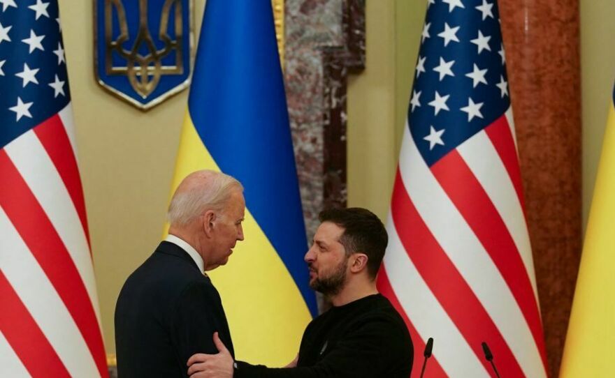 President Biden and Ukrainian President Volodymyr Zelensky attend a news conference in Kyiv on Monday.