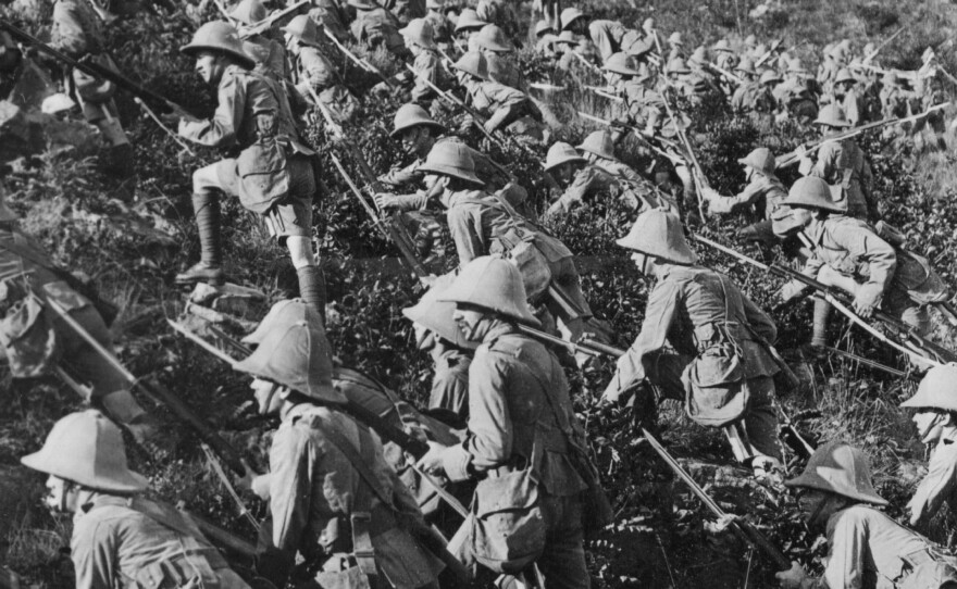 British troops advancing at Gallipoli in August 1915.