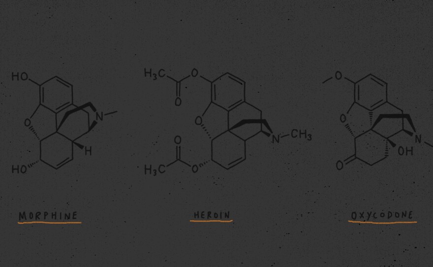 An undated illustration shows the chemical structure of various opioid drugs.