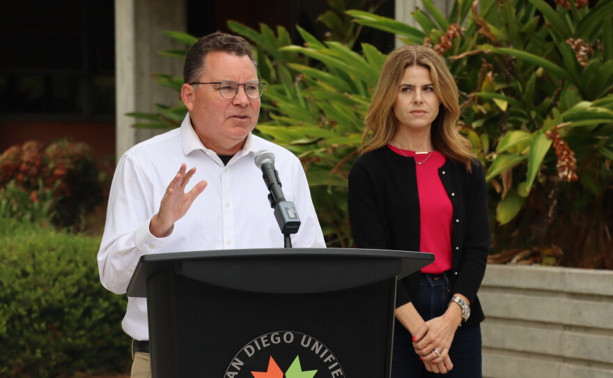 San Diego Unified board president Richard Barrera and vice president Shana Hazan speak outside the Eugene Brucker Education Center on Tuesday, June 23, 2026.
