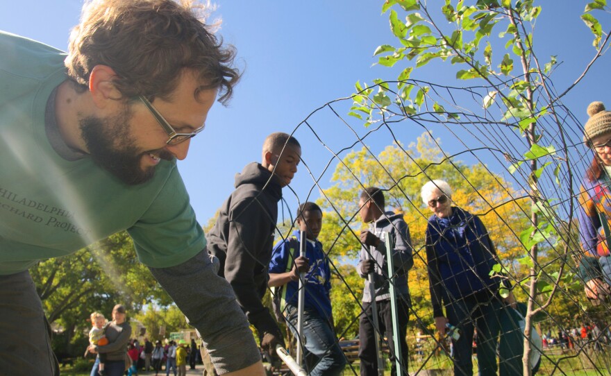 Phil Forsyth, executive director of the Philadelphia Orchard Project, leads a fruit tree planting at Bartram's Garden in West Philadelphia.