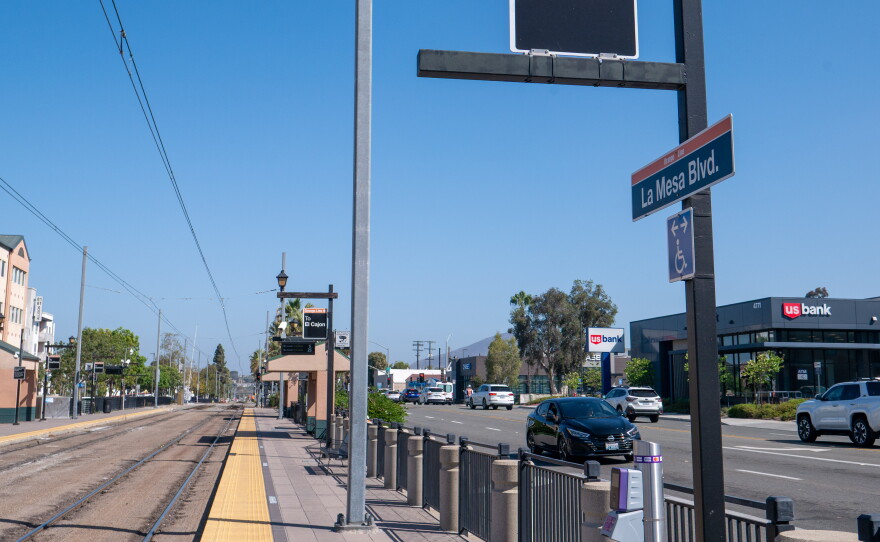 An MTS Orange Line runs parallel to Spring Street in La Mesa on July 29, 2026.