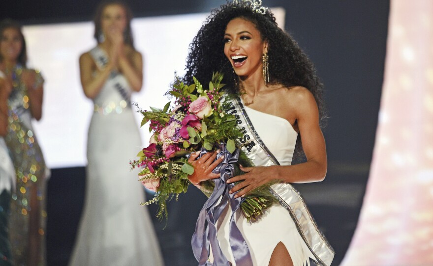 Miss North Carolina Cheslie pictured as she Kryst wins the 2019 Miss USA final competition in Reno, Nev., in 2019. Kryst, a correspondent for the entertainment news program <em>Extra</em>, has died at age 30.