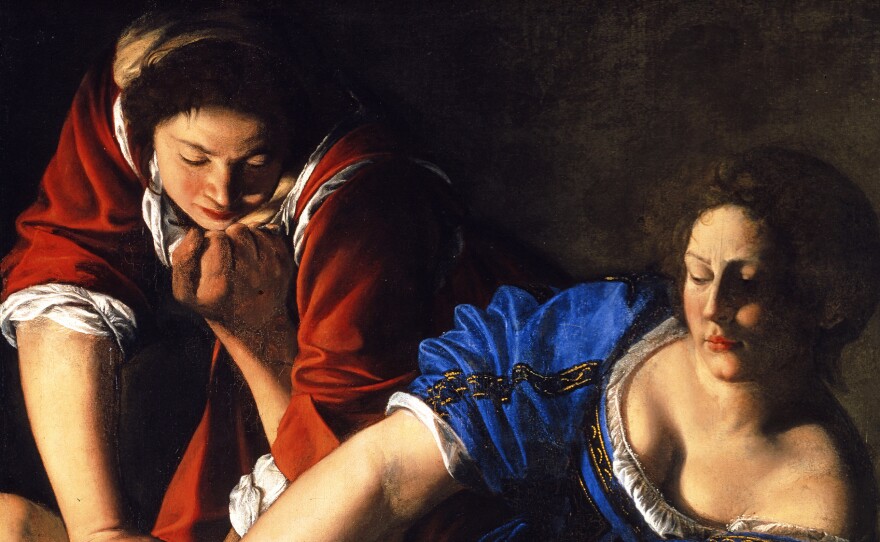 In the course of her career, Artemisia Gentileschi painted various depictions of the biblical figure Judith, including this work, Slaying Holofernes. In the Old Testament, Judith seduces the besieging general Holofernes and decapitates him in his bed.