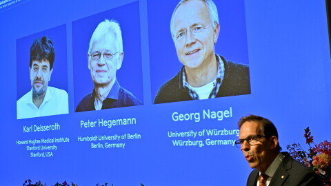 Karl Deisseroth, Peter Hegemann and Georg Nagel are shown on the screen as they are awarded the 2026 Nobel Prize in Physiology or Medicine, as announced during a press conference at the Nobel Forum at Karolinska Institutet in Stockholm, Sweden, Oct. 5, 2026.