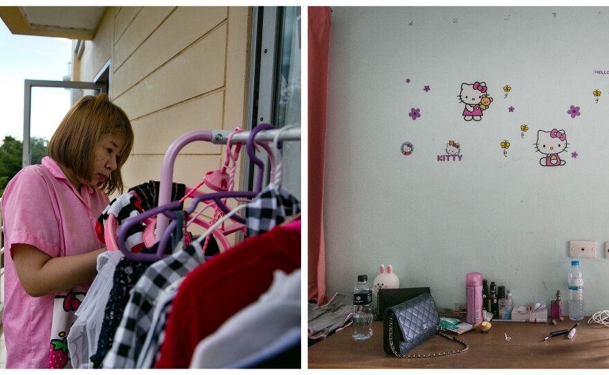Left: M., who asked that her full name not be used, is a dancer and sex worker in Pattaya. It earns her more money than from her previous office job. She chooses clothes from her wardrobe at her home. Right: her room.